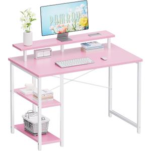 Pamray 33.5 Inch Small Computer Desk with Monitor Stand and Shelves