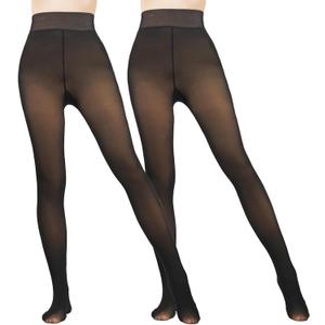2 Pairs Women Fleece Lined Tights-Fake Translucent Leggings High Waist Pantyhose Sheer Thick Warm Tights For Women