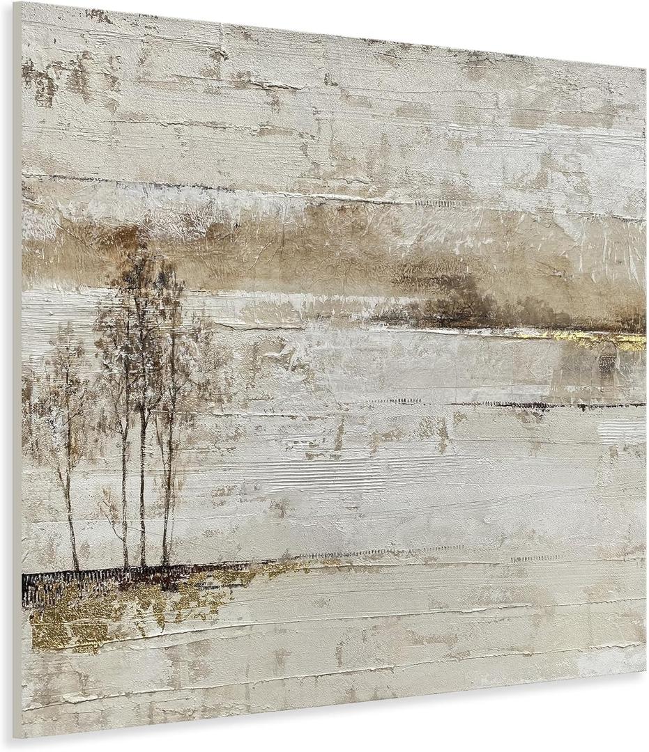 Yihui Arts Lake Landscape Wall Art - Rustic Farmhouse Canvas Painting with Textured Tree and Gold Foil Accents for Living Room, Bedroom, or Bathroom Decor