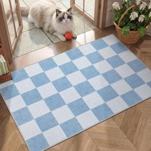 GarveeHome Checkered Light Blue 2x3 Washbale Rug Door Mat Geometric Diamond Dot Coastal Soft Low-Pile Small Rug for Bedroom Entryway Bathroom Kitchen Non-Slip TPE Backing
