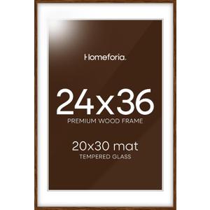 Homeforia 24x36 Walnut Wood Frame, High End Dark Oak 24x36 Large Wooden Poster Frame with Mat 20x30, 24 x 36 Brown Picture Frame Matted to 20 x 30, 36x24 Thin Frame, Tempered Glass, Wall Kit, Set of 1