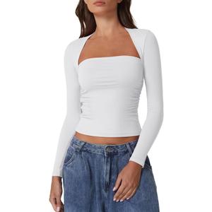 QINSEN Long Sleeve Square Neck Tops for Women Double Lined Side Ruching Going Out Shirts Basic Tee (Large, White)