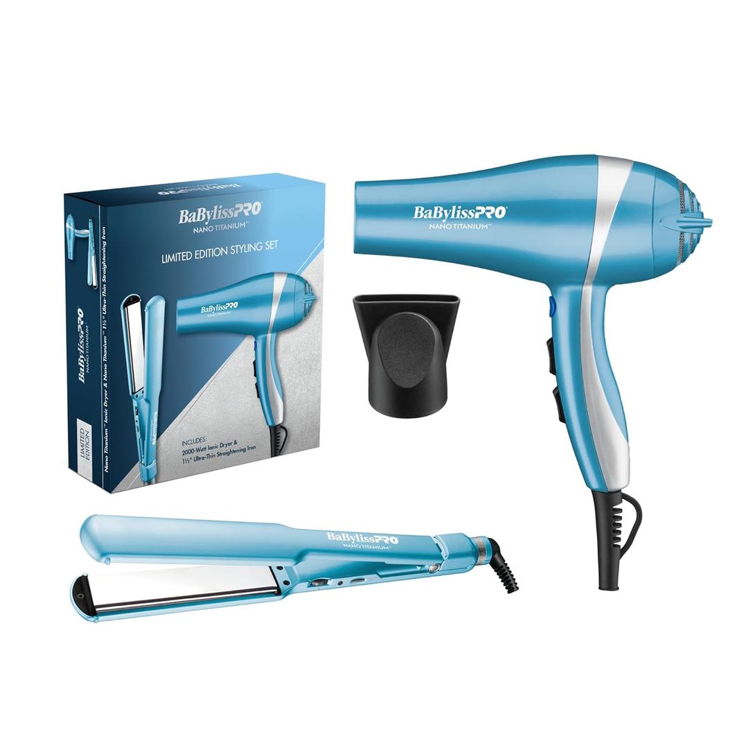 BaBylissPRO Nano Titanium Ultra-Thin 1-1/2-Inch Flat Iron Hair Straightener and 2000 Watt Ionic Hair Dryer with Concentrator Set, 5-Inch Extended Plates for Faster Straightening, For All Hair Types