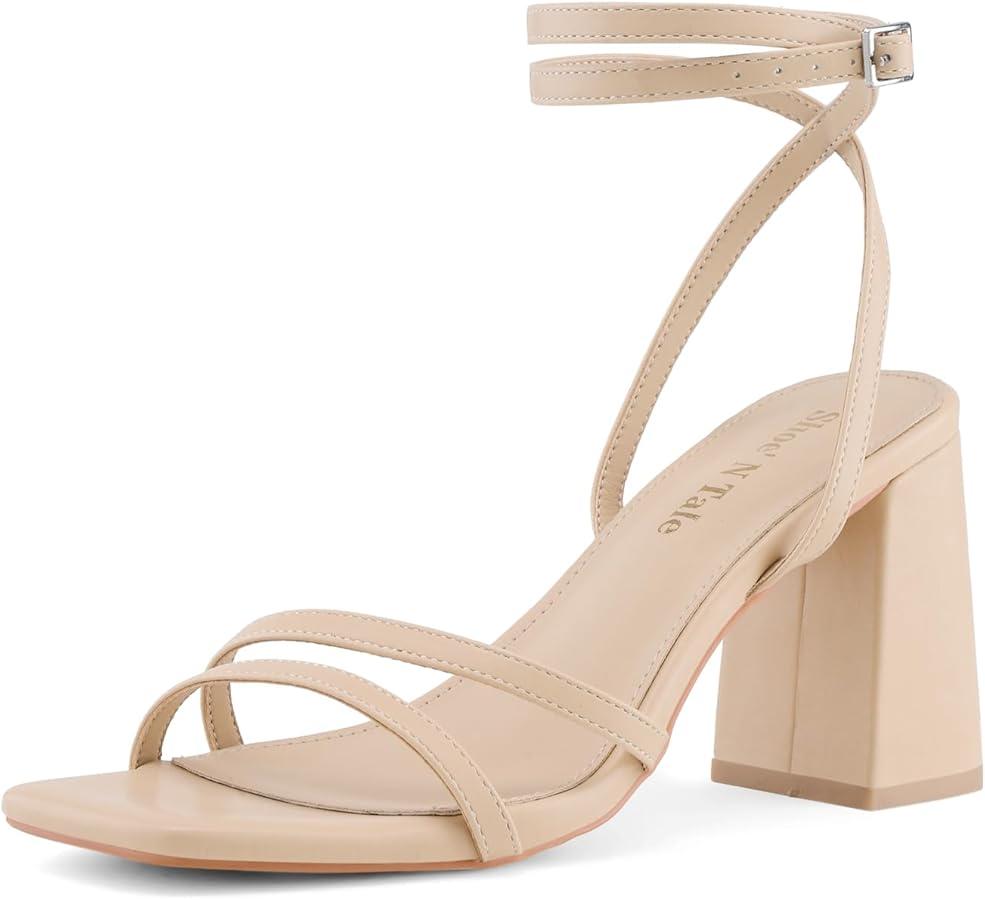 Shoe'N Tale Strappy Heels for Women Square Toe Chunky Block Heels Ankle Buckle Heeled Sandals, Size 9, Beige
