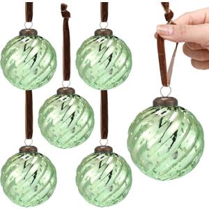 Threan 6 Pcs Large Vintage Mercury Glass Christmas Ornaments 3.15" Hanging Christmas Ball Ornaments Antique Embossed Ball Decorations for Xmas Tree Garland Wreath Holiday Decor(Green,Twist)