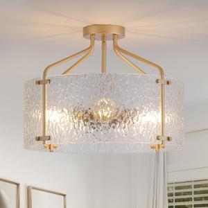 Semi Flush Mount Ceiling Light Fixture,Glass Drum Kitchen Lighting Fixtures Ceiling,18''Gold Modern Light Fixture Chandelier,5-Light Foyer Lighting Fixtures for Living Room Hallway Foyer Porch