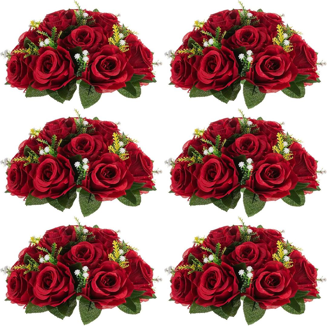 NUPTIO Flower Wedding Centrepieces for Tables - 6 Pcs 9.5in Diameter Crimson Artificial Flowers Rose Ball for Centerpieces Table - Fake Rose Arrangements for Weddings Birthday Party Decor