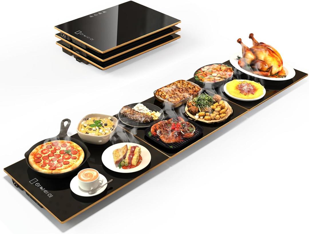 Food Warmers for Parties Buffet, 47"x12" Assemblable Stackable Electric Warming Tray with 8-Level Temperature Adjustment and 8-Hour Timer, Upgraded Desktop-Protecting Food Warming Mat (Black&gold)