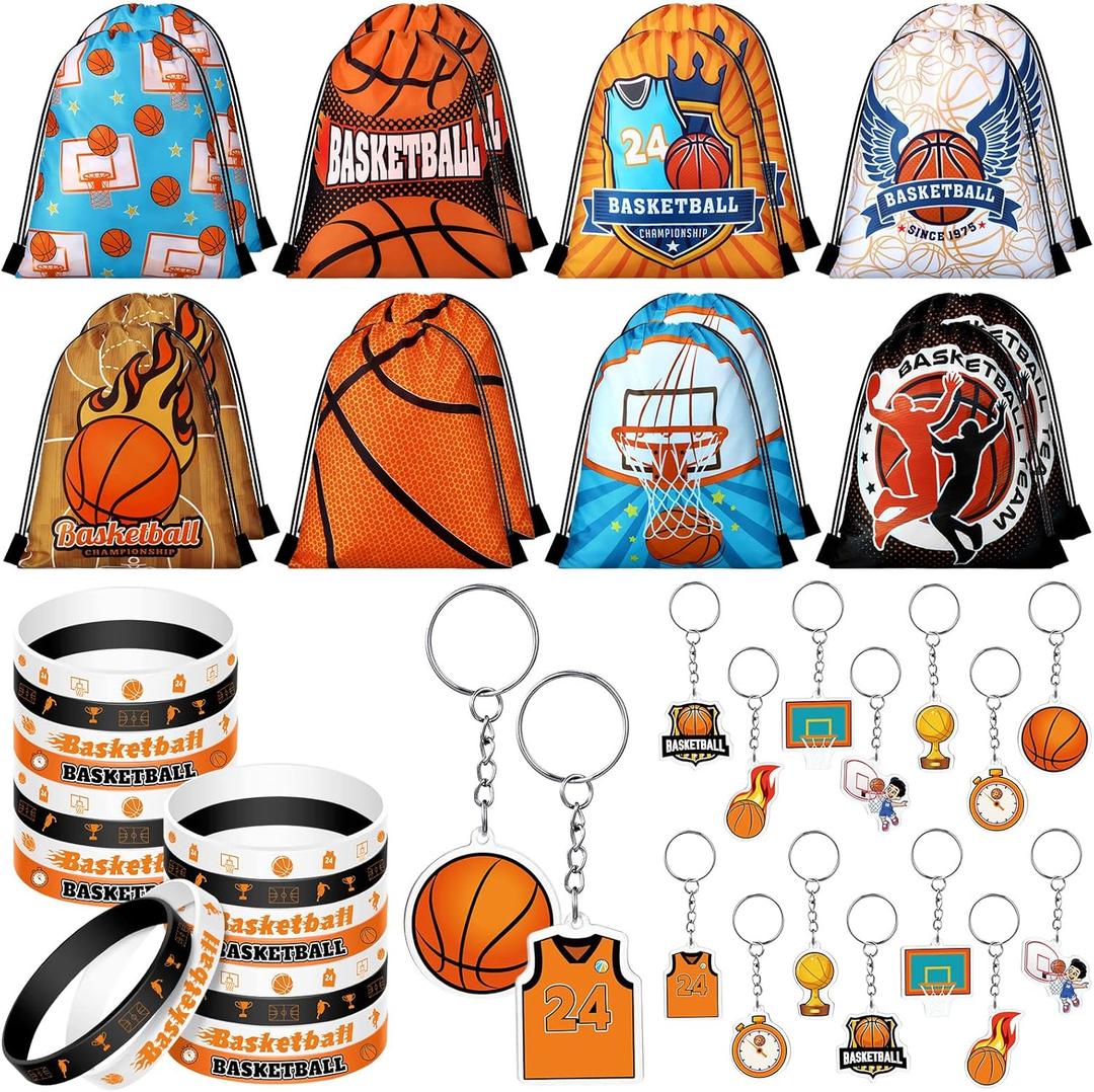 Talltalk 48 Pcs Basketball Team Gifts Sets Basketball Party Favors Toy 16 Drawstring Backpack Goodie Bag Snack Candy Gift Bag 16 Silicone Wristband 16 Keychain for Sports Birthday Party Supplies Decor
