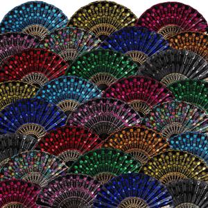 Geetery 30 Pcs Folding Hand Fan for Line Dancing Spanish Boots on The Ground Fans Gifts Bulk Colorful Silk Popping Rave for Women Tea Party Wedding Church Halloween Costume(Embroidery,Vintage Colors)