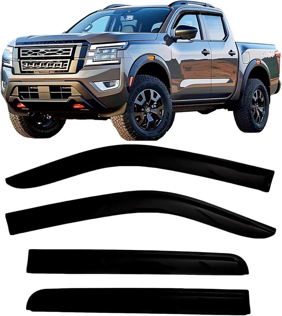2022-2025 Tape-On Rain Guards for Nissan Frontier Crew Cab Side Window Visor Deflectors S SV Midnight PRO-X Long Bed Smoke Tinted Vent Shades Protectors 2023 2024