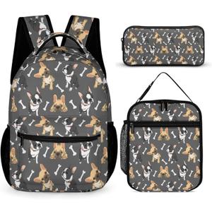 French Bulldog Backpack with Lunch Box & Pencil Case, 16 Inch Cute Dogs Themed Bookbag, Adjustable Lightweight, Colorful Backpacks Set for Kids Girls Boys