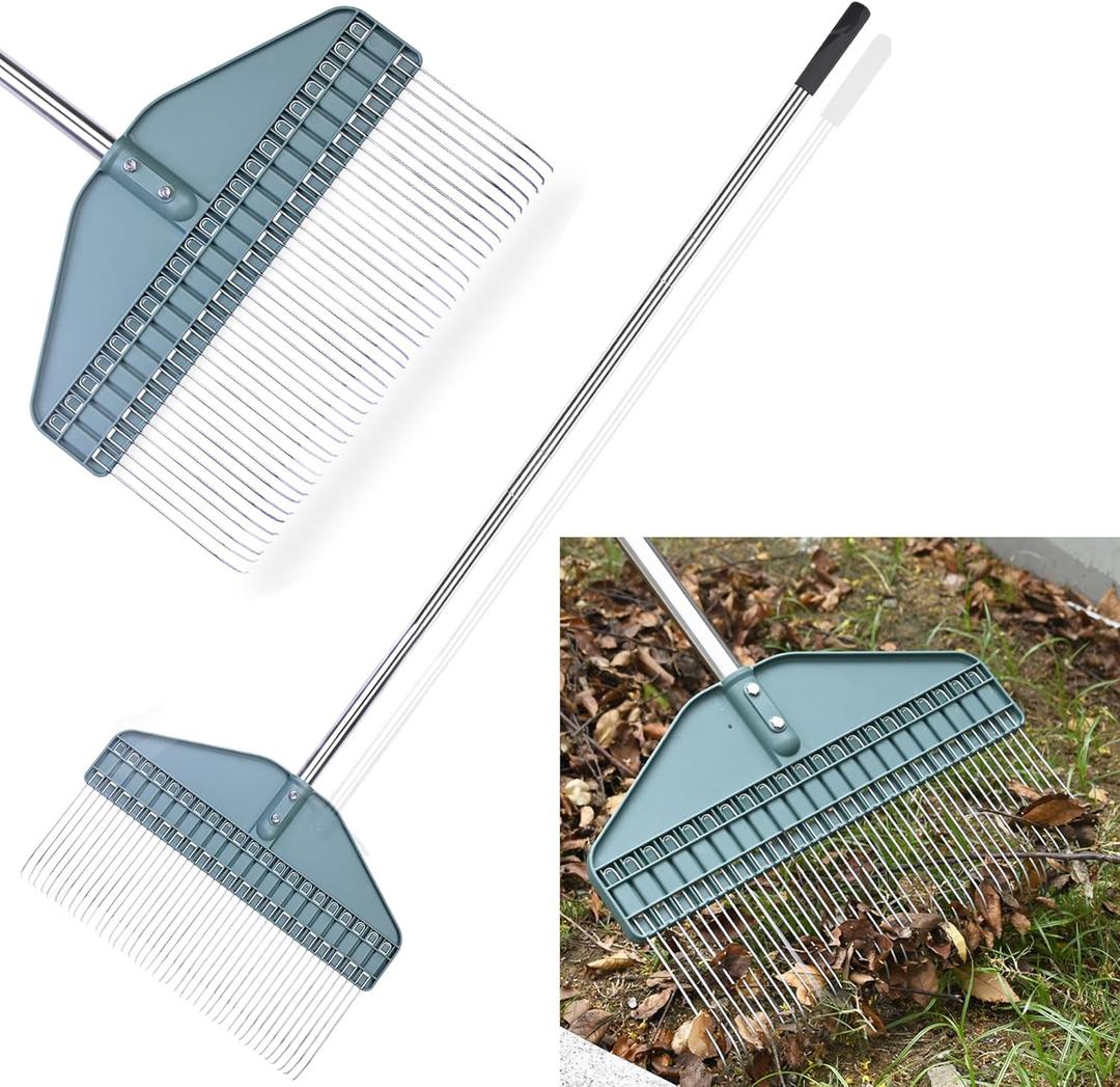 Thatch Rake 66-Inch Adjustable Handle Dethatcher Rake,17-Inch Wide Leaf Rakes, Suitable for Gardens, Yards, Lawns, Used for Cleaning Dead Grass, Thatch, Leaves, Pine Needles, Branches