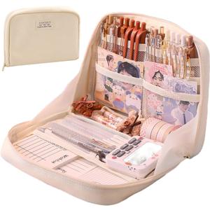Fcteap Pencil Case Pouch Box Cute Kawaii Large Capacity Aesthetic Zipper Pen Holder Organizer Bag for Office Workspace Supplies Desk Accessories Travel (Off-White)