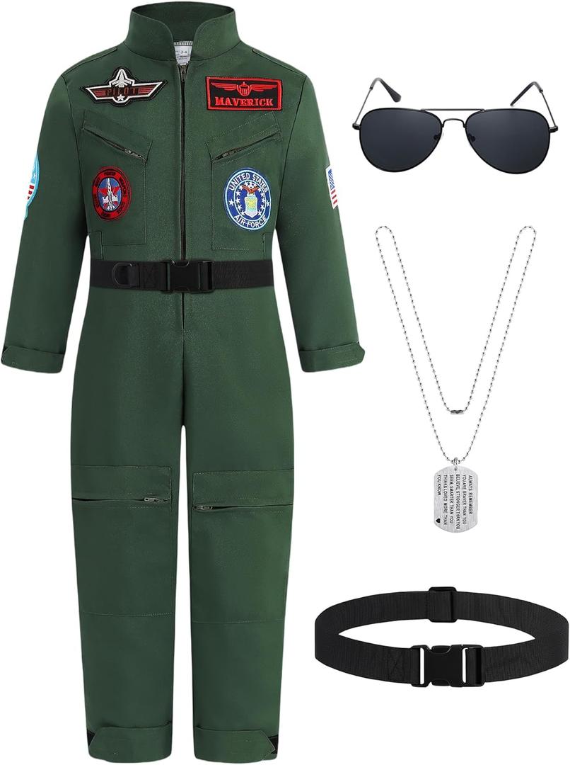 Kids Fighter Pilot Costume, Boys Green Tactical Aviator Suit Air Force Jumpsuit with Accessories Halloween Dress Up (13-14Y)
