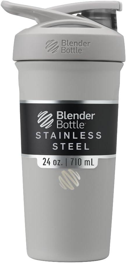 BlenderBottle Strada Shaker Cup Insulated Stainless Steel Water Bottle with Wire Whisk, 24-Ounce, Grey