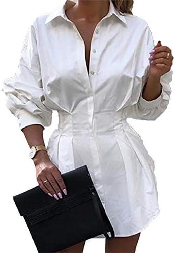Sexy Mini Shirt Dress for Women - Casual Button Down Blouse Long Sleeve V Neck Belted Shirts Blouse Top Short Dress M