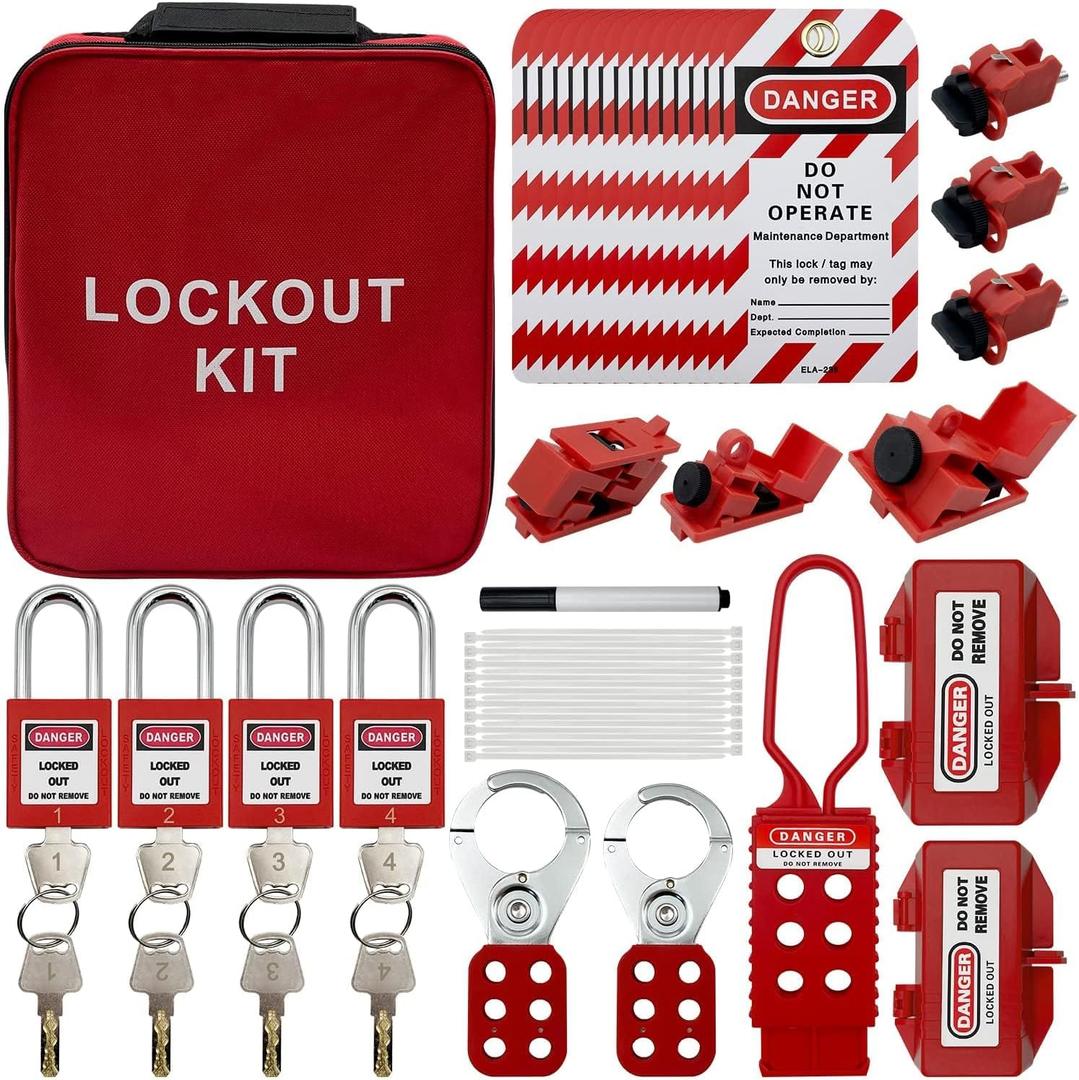 Lockout Tagout Kit Electrical Loto - Clamp-On Circuit Breaker Lockout, Group Lockout Hasps, Lockout Tag, Universal Multi- Pole Breaker with Pocket Bag (Bigger Red Kit)