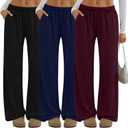 Neer 3 Pack Women's Lounge Pants Wide Leg Yoga Built in Drawstring High Waisted Casual Comfy Baggy Sweatpants with Pockets (Large, Black, Wine, Midnight Blue)