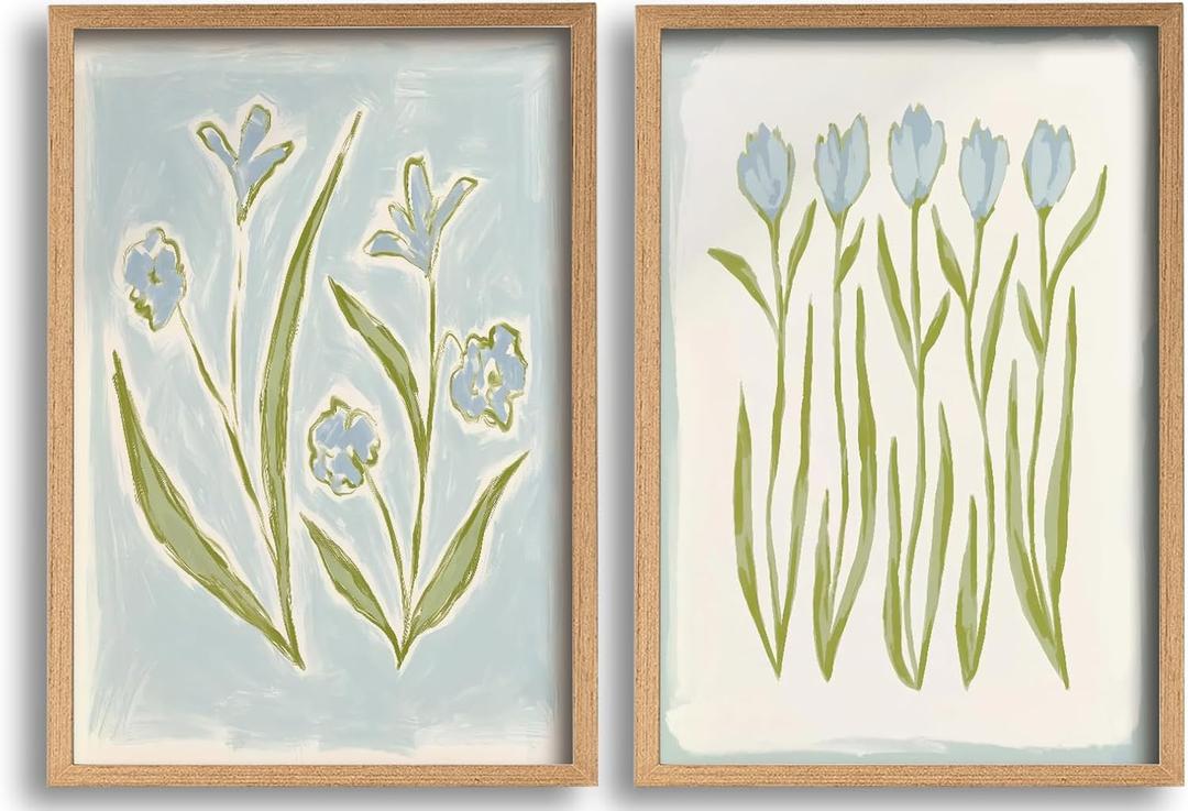Light Blue Flower Canvas Wall Art Southern Coastal Modern Floral Painting Picture Preppy Blue Flowers Wall Decor Minimalist Botanical Poster Print Artwork for Living Room Bedroom Bathroom Home Decor, 24L"x16W"