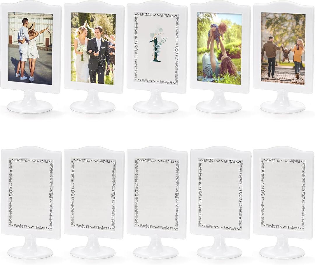 Lawei 10 PCS Double Sided Standing Picture Frames 4x6 Inch, Plastic Pedestal Photo Frame Bulk, White Vertical Picture Holder with Inserts & Base, Display Picture Frames for Wedding, Table, 5.5x3.5 inches