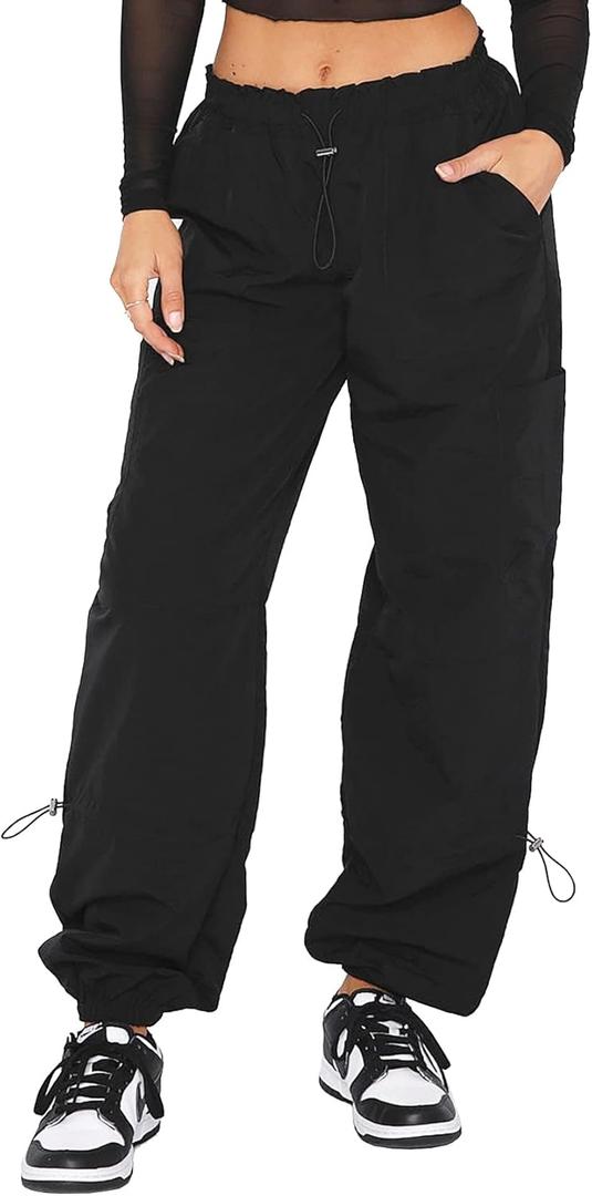 DISCIPBUSH Cargo Pants Women Baggy - Parachute Pants for Women, Rave Pants Y2K Pants, Festival Outfits for Women (Large, Black)