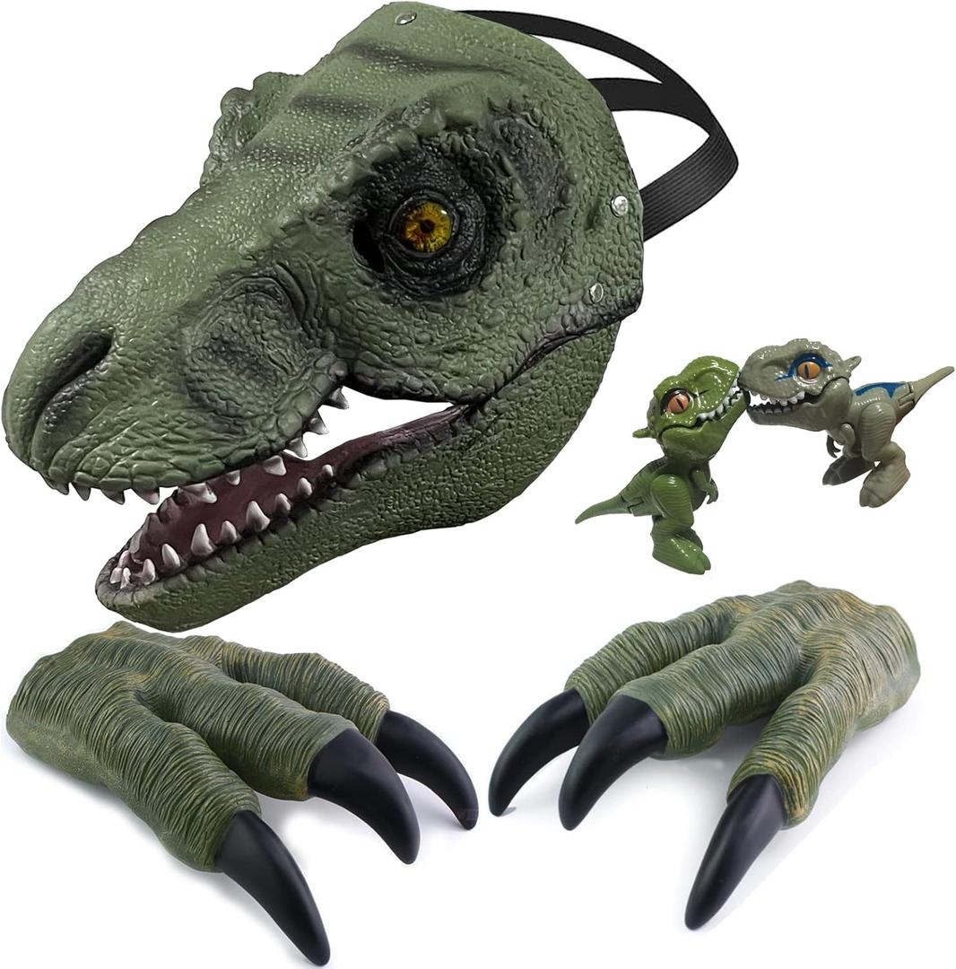 Dinosaur Mask with Movable Jaw and 2 Claws - Latex Costume Party Toy