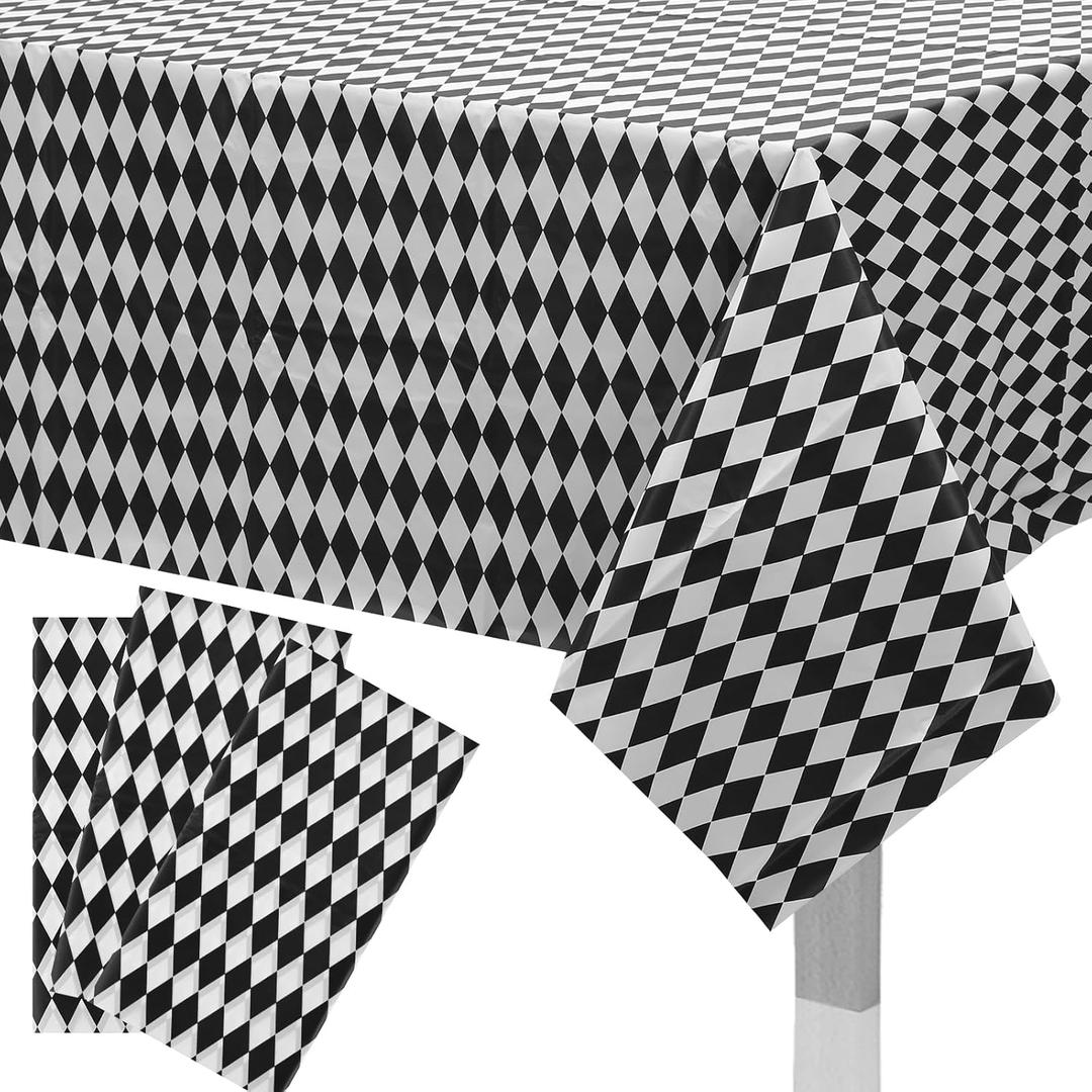3pcs Black White Checkered Tablecloths Halloween, Rectangle Plastic Gingham Table Cover 54x108in Halloween Decor Harlequin Collection Wonderland Tea Party Supplies for Camping Picnic Birthday Party