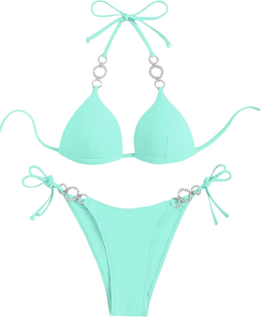 WDIRARA Women's Rhinestone Push Up Halter Bikini Set Swimsuit Two Piece Tie Side Bathing Suit (Large, Mint Green)