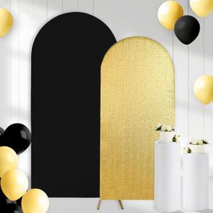 2PCS Black & Gold Arch Backdrop Covers for Arch Stand (7.2ft + 6ft)  Spandex Fitted Stand Covers for Weddings Baby Showers Birthday Party Supplies Decor & Photo Booths(Only Cover)