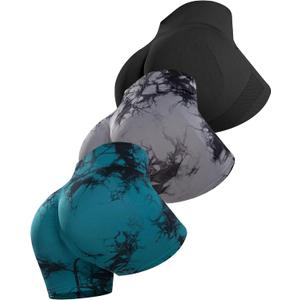 ATHVOTAR Workout Gym Biker Shorts Women: High Waisted Seamless Sports Running Butt Lifting Shorts Sets (Small, Black/Tie Dye Black/Tie Dye Green)