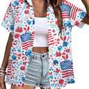 American Flag Shirt Women Patriotic Hawaiian Shirts 4th of July Tops Red White Blue Hawaii Floral Button Up Blouses, Small