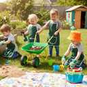 Toddler Metal Wheelbarrow Set for Kid with 12 PCS Gardening Tool(Green Set) | Children Wheelbarrow Toy with Apron,Gloves,Hat,Flower Pot,Bag,Label,Watering Sprayer,Pointed Shovel,Square Shovel,Rake