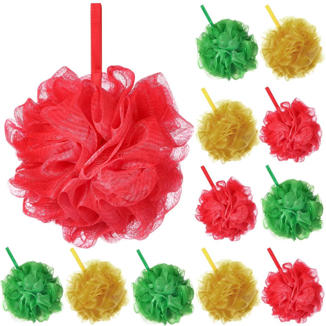 12 Pcs Christmas Bath Loofah Sponge Red Green Loofah Exfoliating Body Scrubber Shower Sponge 50g Mesh Shower Pouf Balls Gift Set for Women Men Bathing Accessories(Red,Green,Gold)