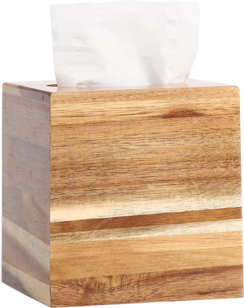 Tissue Box Cover, Acacia Wood Tissue Box Cover Square, Rustic Tissue Box Holder Covers Your Tissues, Decorative Tissue Cube Box Cover with Slide-Out Bottom
