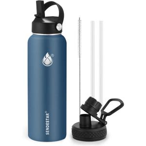 Insulated Water Bottle 32 oz with Straw, Stainless Steel Wide Mouth Water Bottle, Double Wall Vacuum Leak Proof with Straw Lid & Spout Lid for Sports or Office, Keep Cold or Hot Up to 24 Hrs
