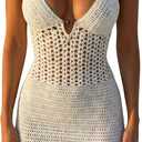 Women Crochet Halter Mini Dress Beach Cover Up White S