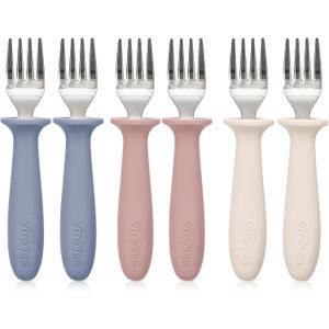 6 Pieces Toddler ForksKids Safe Utensils Set with Silicone Round Handle for Self Feeding18/8 Stainless Steel Baby ForksChildren's Silverware Set BPA Free, Dishwasher Safe