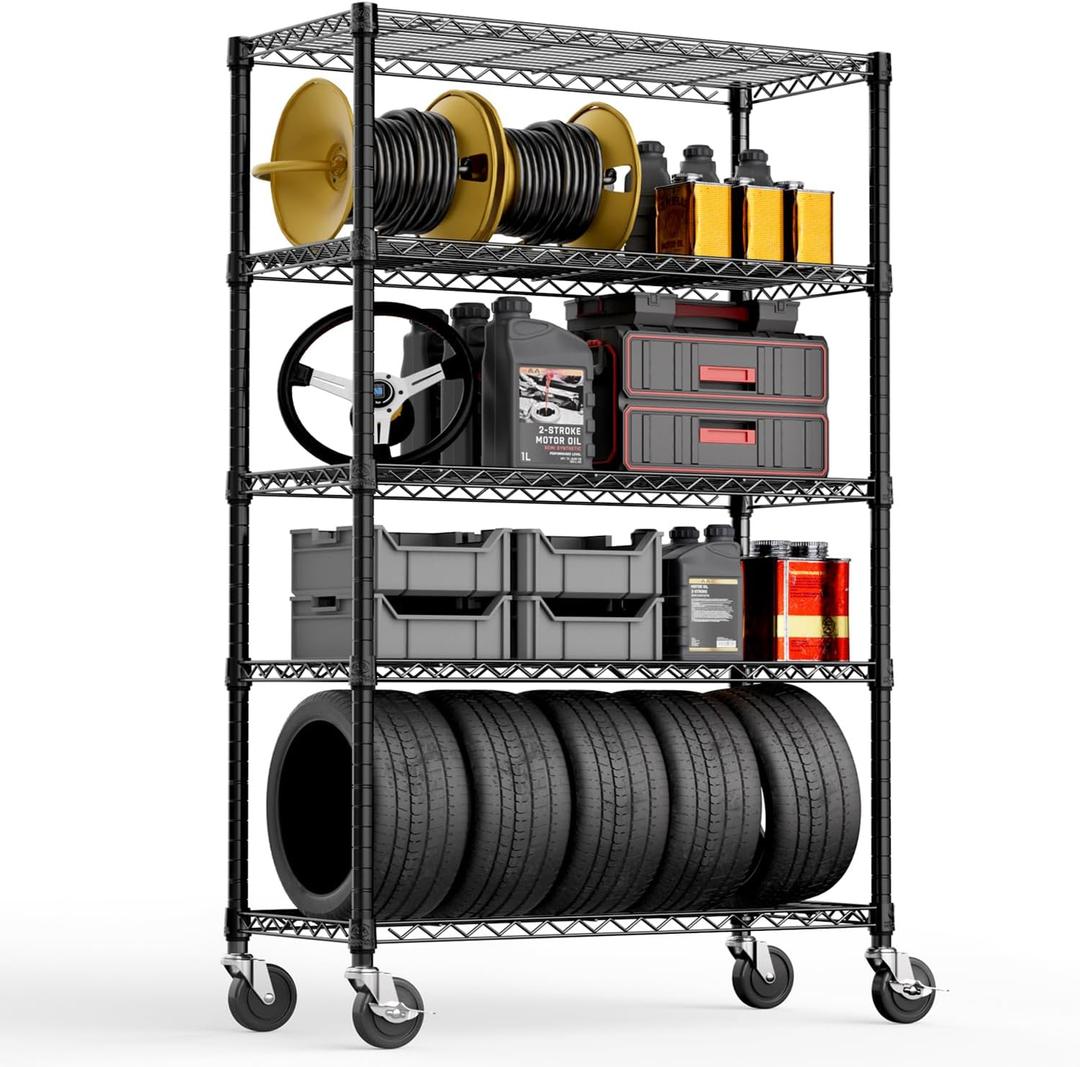 Steel Storage Shelving 5-Tier Utility Shelving Unit with Wheels, Steel Organizer Wire Rack for Home,Kitchen,Office,Garage, 1750 LBS Capacity 17.7" D x 47.2" W x 76.7" H (5 Tier 17.7"D x 47.2"W x 76.7"H, Black)
