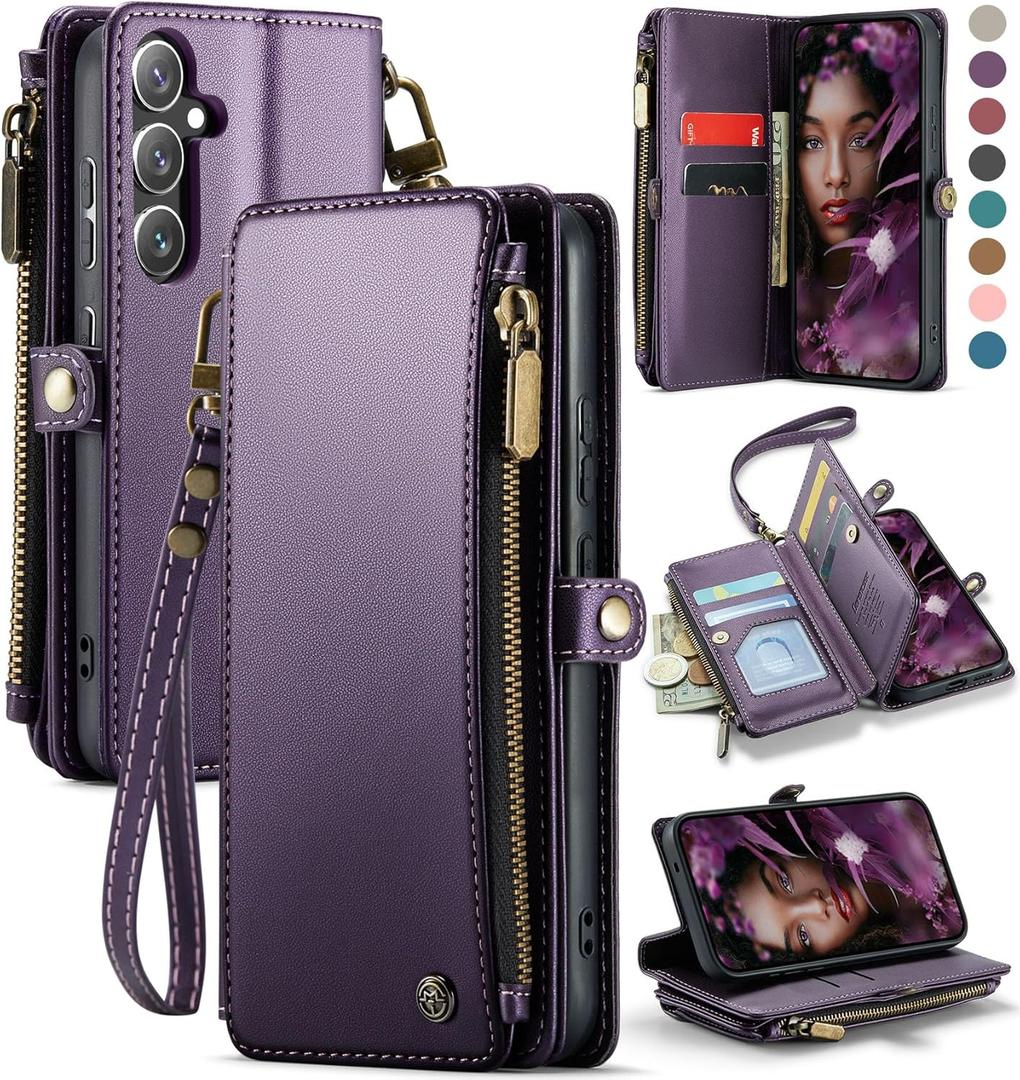 Defencase for Galaxy S25 Case Wallet with RFID Blocking Card Holder for Women, Elegant PU Leather Magnetic Snap Flip Wristlet Strap Zipper Wallet Phone Cases for Samsung Galaxy S25 5G 6.2", Purple