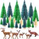 KUUQA 25 Pcs Mini Sisal Trees Bottle Brush Trees Snow Frost Trees with Miniature Figures Woodland Animals Deer Fox Table Top Crafts DIY Room Decor Mini Christmas Village Decoration, Small Size Trees (Blue-green+green+off-white)