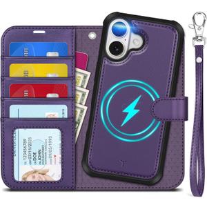 TUCCH 2-in-1 Removable Wallet Case for iPhone 17 (6.3-inch) 2025, Wireless Charging | RFID Blocking 4 Card Holders | Wrist Strap | Kickstand | Magnetic | PU Leather Protective Cover | Deep Purple