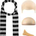 4 Pcs Adults Costume Accessories Set, Black Gray Striped Scarf Fake Nose Latex Bald Head Wig Cap, Cosplay Classic Characters Gru Halloween Party Set