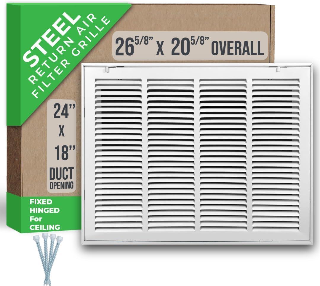 Fits 24x18 Duct Opening | Steel Return Air Filter Grille by Handua [Fixed Hinged] for 1-inch Filters | Vent Cover Grill for Sidewall and Ceiling | White | Outer Dimensions: 26 5/8"W X 20 5/8"H