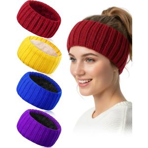 Geyoga 4 Pcs Winter Headbands for Women Fleece Lined Knit Ear Warmers Fuzzy Headbands for Cold Weather