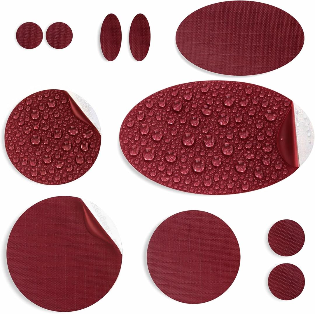 aZengear Down Jacket Repair Patches | Pre-Cut, Self-Adhesive, Soft, Waterproof, Tear-Resistant Rip-Stop Nylon Fabric to Fix Holes in Clothing, Sleeping Bags, Ski Pants (11 Pcs, Burgundy)