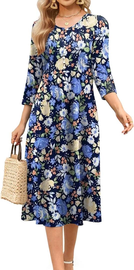 Soesdemo Long Sleeve Dress for Women Casual V Neck Pleated Button Down 3/4 Sleeves Knee Length Midi Dresses with Pockets (Medium, Blue Flowers)