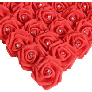 IPOPU 100pcs Red Foam Rose Artificial Flower Bulk with Crystal 3in Real Looking Stemless Fake Roses for DIY Craft Wedding Bouquets Wall Decoration Bridal Shower Arrangement Home Decorations(Red)