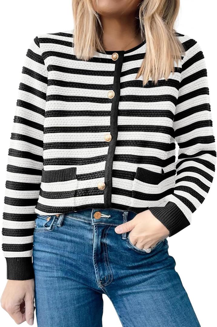 ANRABESS Womens Cardigan Sweater Long Sleeve Button Down Lady Tweed Knit Jackets 2025 Fall Outfits (Medium, White Black Strip)