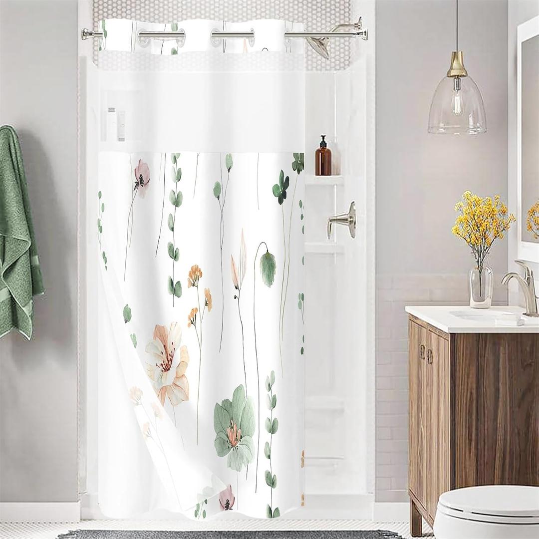 Gibelle Small Stall No Hook Floral Shower Curtain with Snap-in Fabric Liner Set - 36" x 74"(72"), Hotel Style Sage Green Beige Flower Shower Curtain with See Through Top Window, Waterproof & Washable